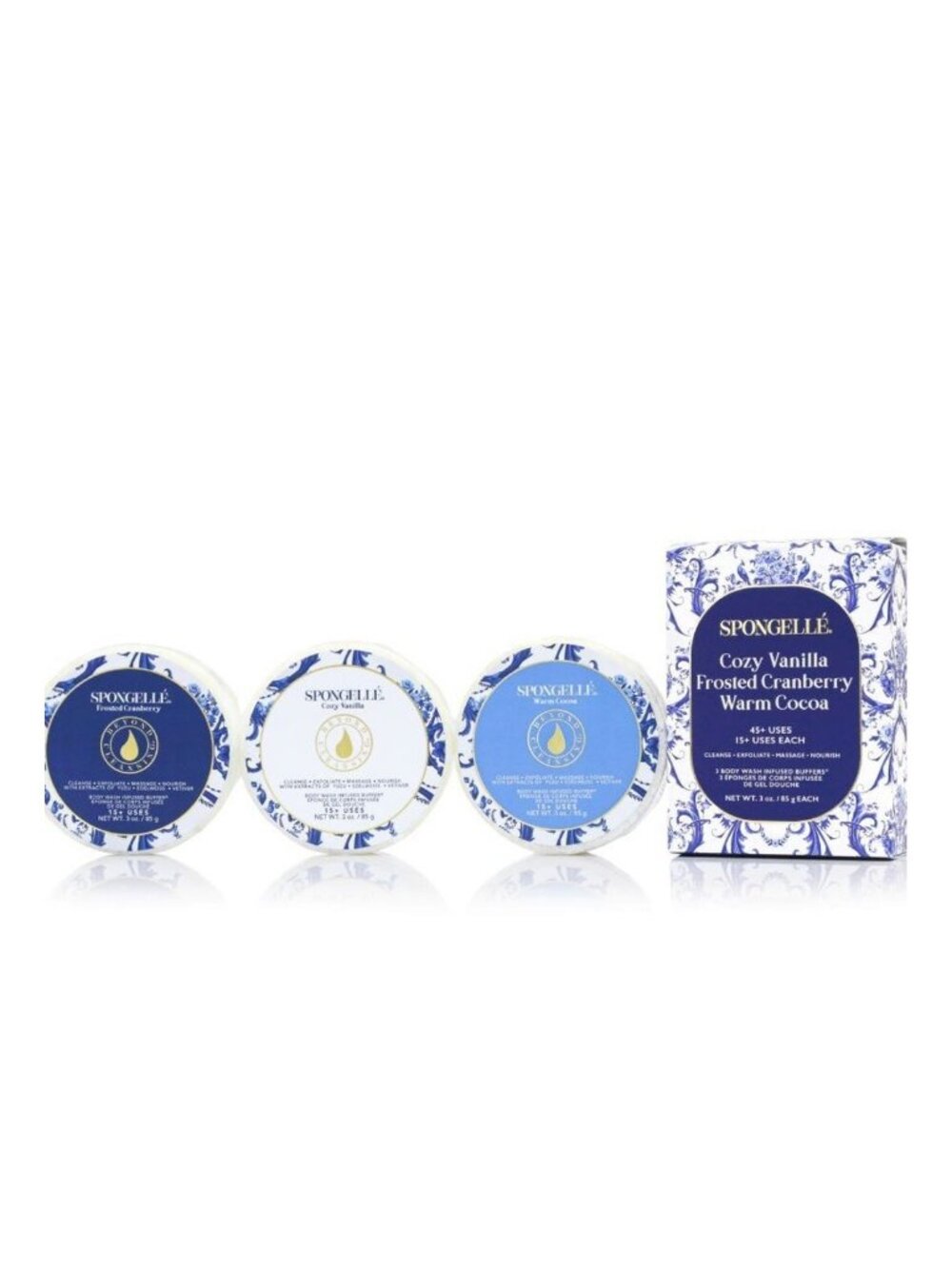 Spongelle 3 Piece Body Wash Infused Buffer Set Cozy Vanilla Warm Cocoa Cranberry